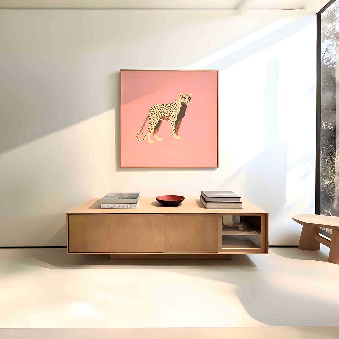 Luipaard op roze – vierkante dieren wanddecoratie van WallArtistic