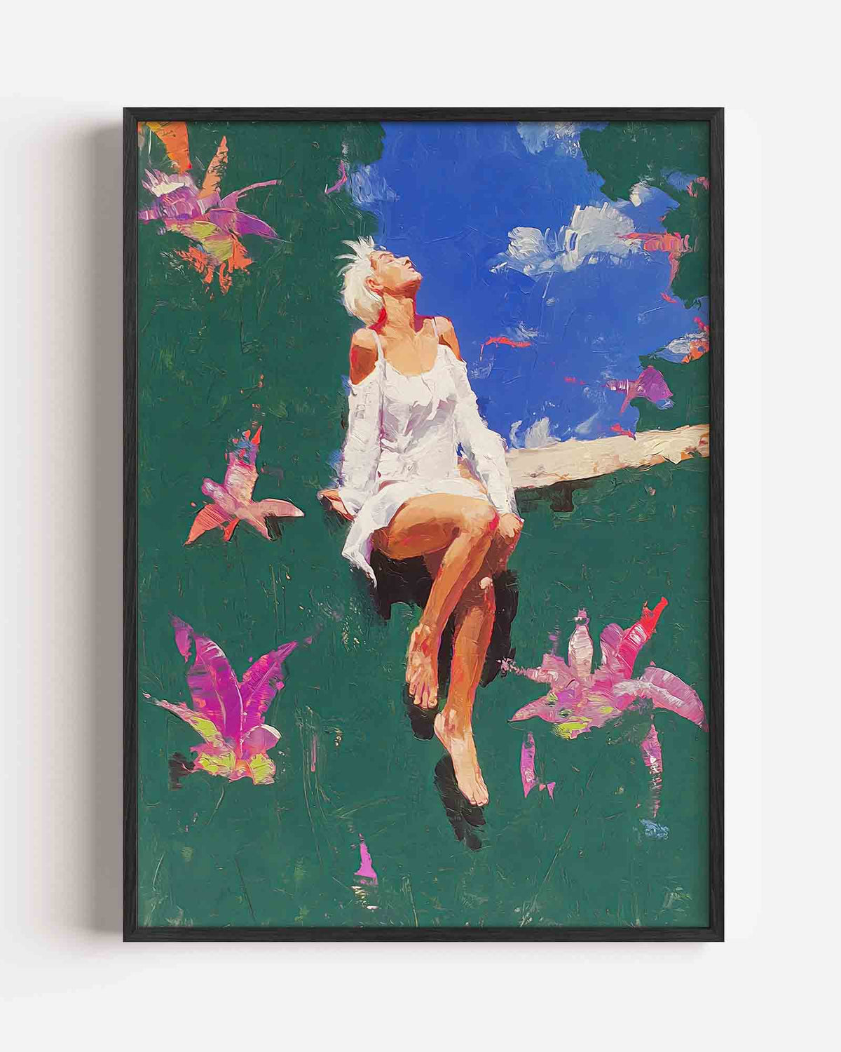 Vrouw in witte jurk – dromerige illustratie poster als wanddecoratie