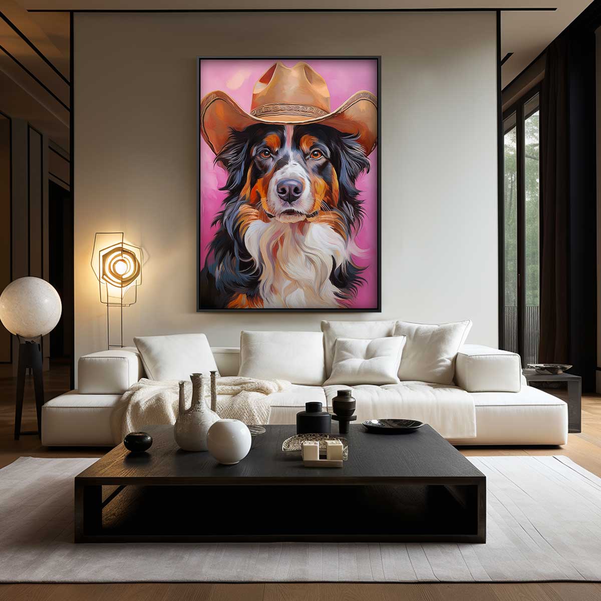 Cowboy Hond Portret – kunstwerk met zwarte baklijst