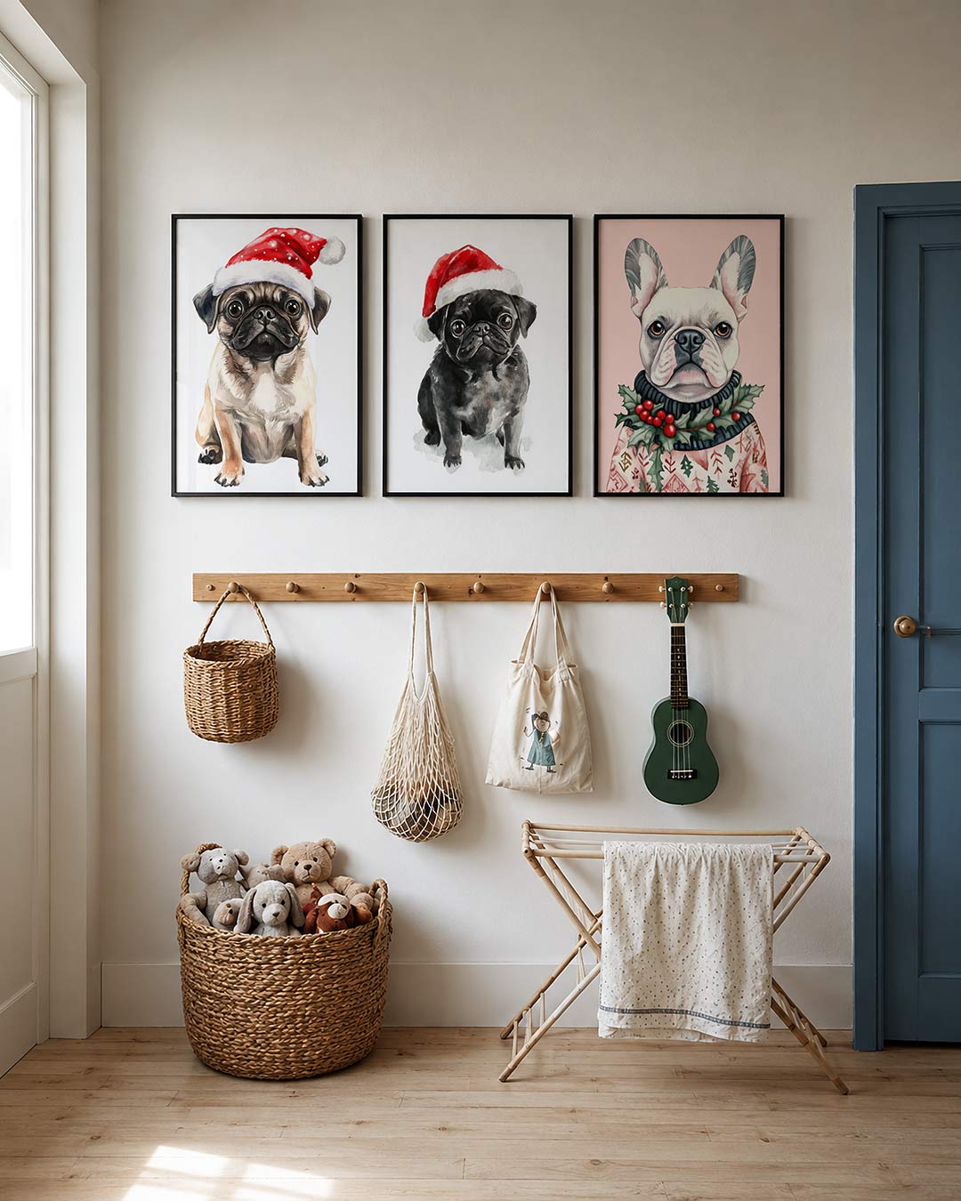 Hond en kerstgroen posterset – detailweergave – een hond met grote oren en een serieuze blik draagt een