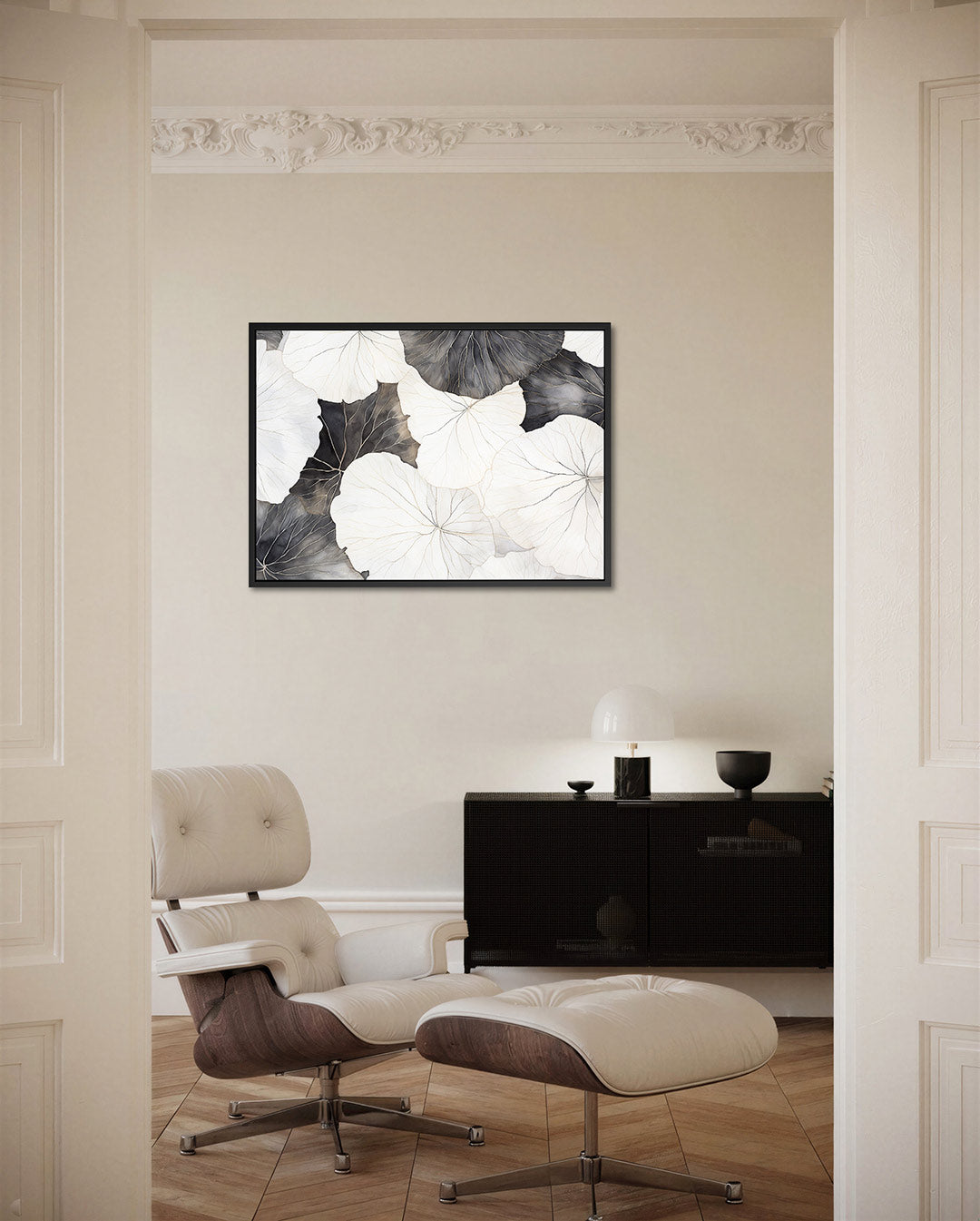 Bladpatroon in zwart wit – liggende wanddecoratie