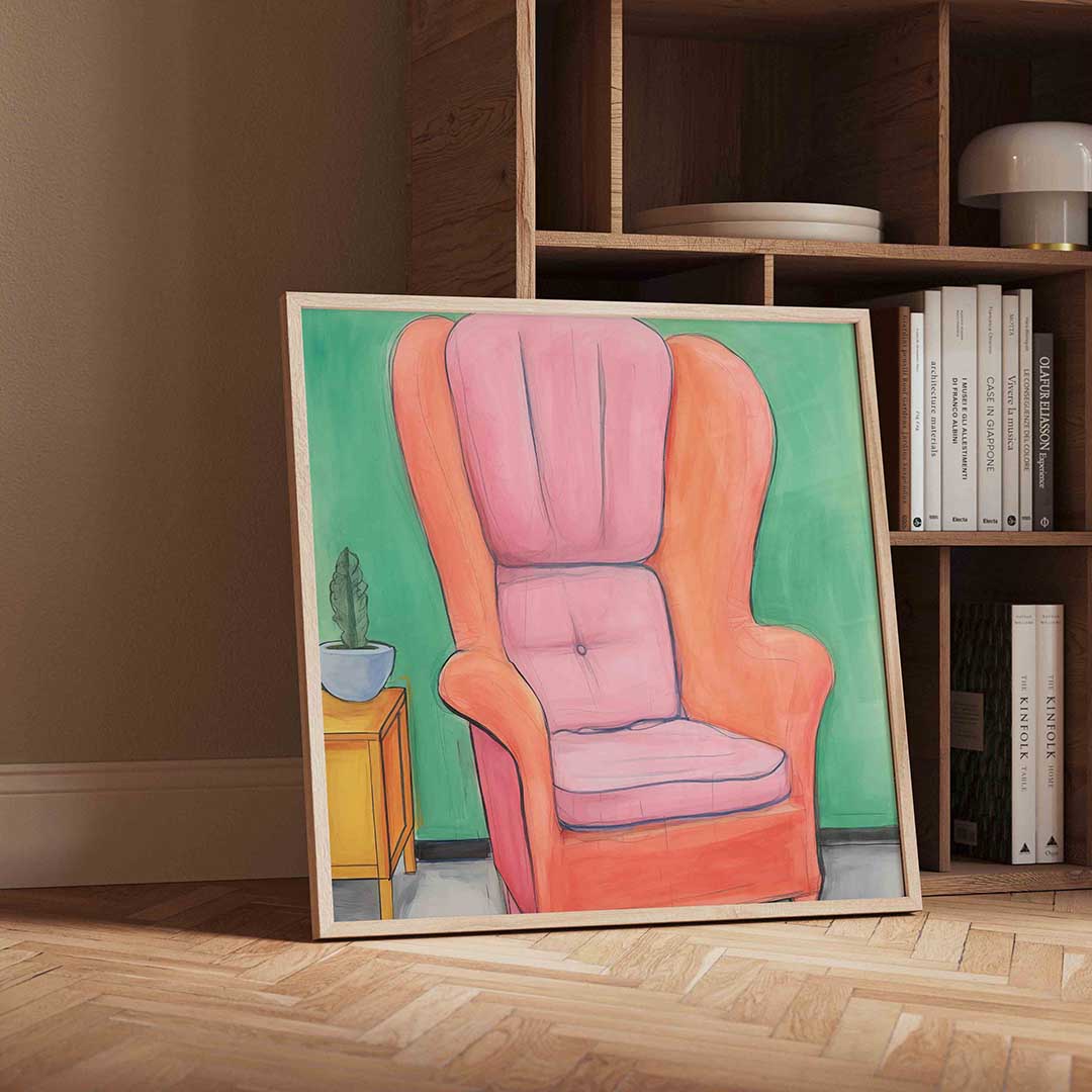 Roze fauteuil en groene muur – moderne wandkunst als vierkante poster