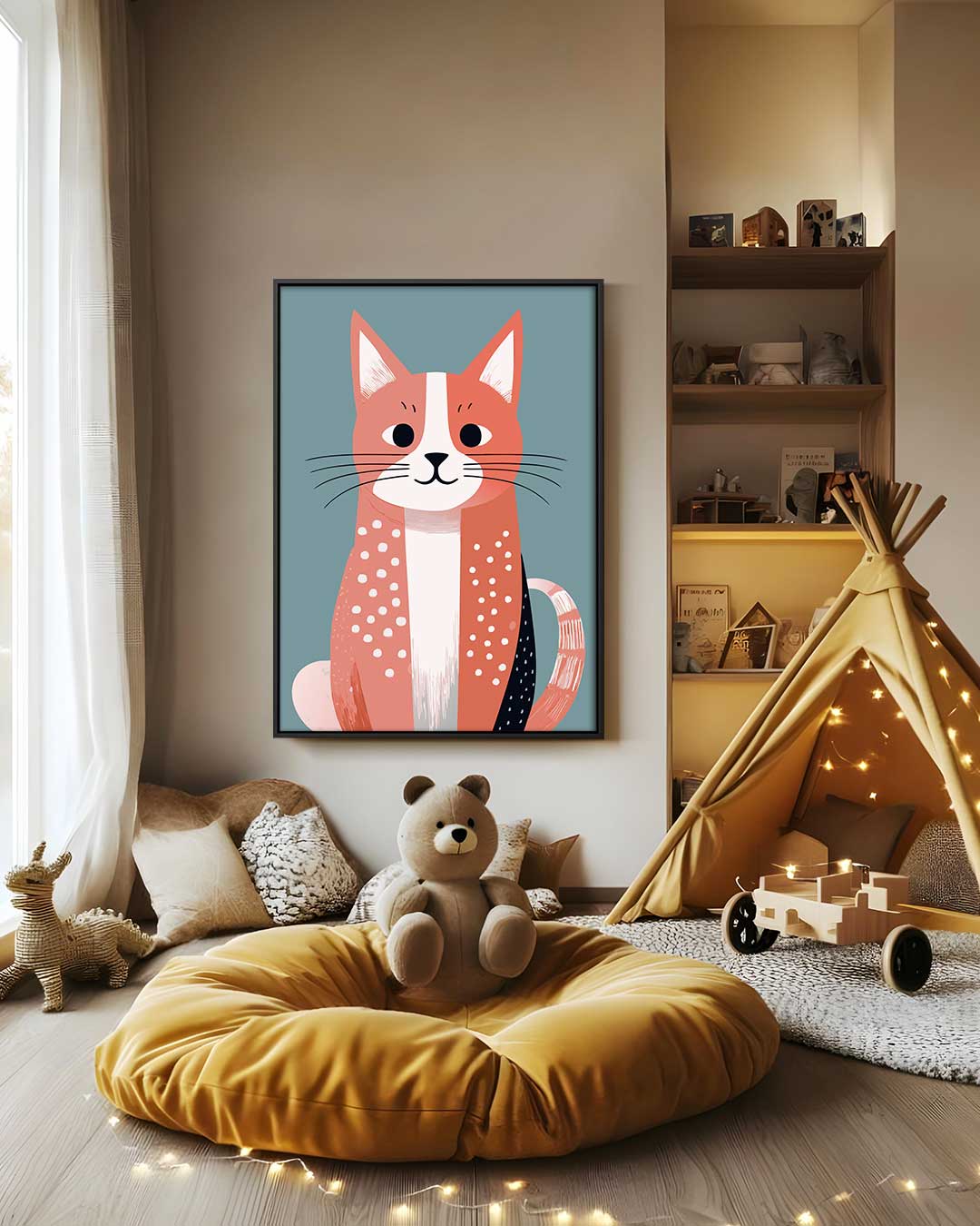 Vrolijke Kat Illustratie – canvas wanddecoratie in portret formaat