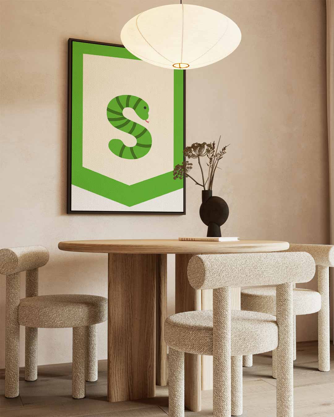 Groene Slangenkunst – kunstwerk met zwarte baklijst