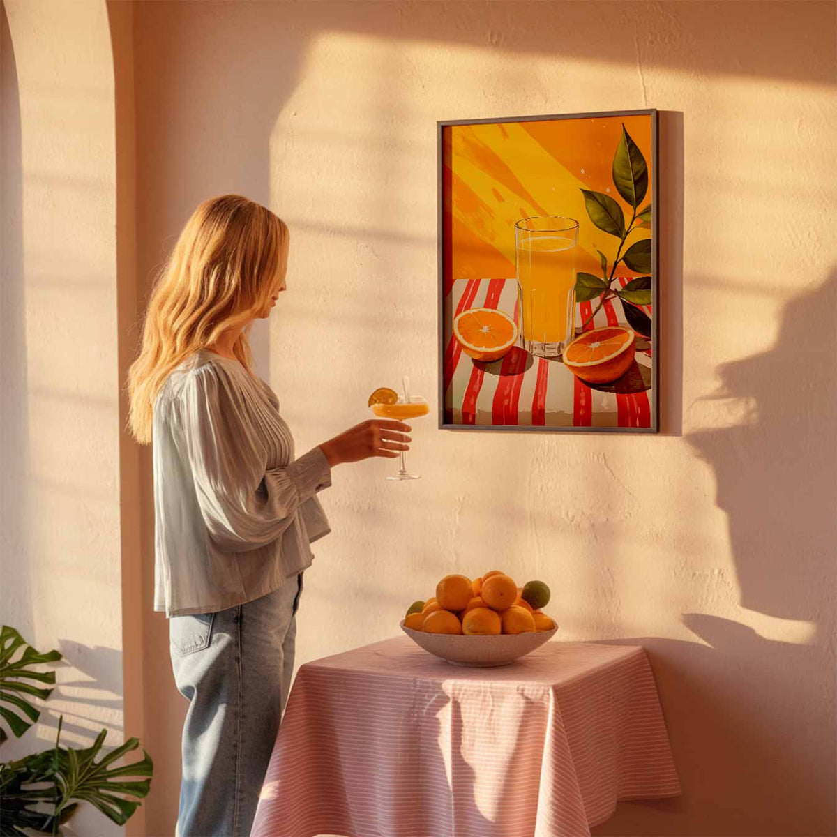 Zomerse Sinaasappel Sfeerposter – keuken poster als sfeervolle staande wanddecoratie