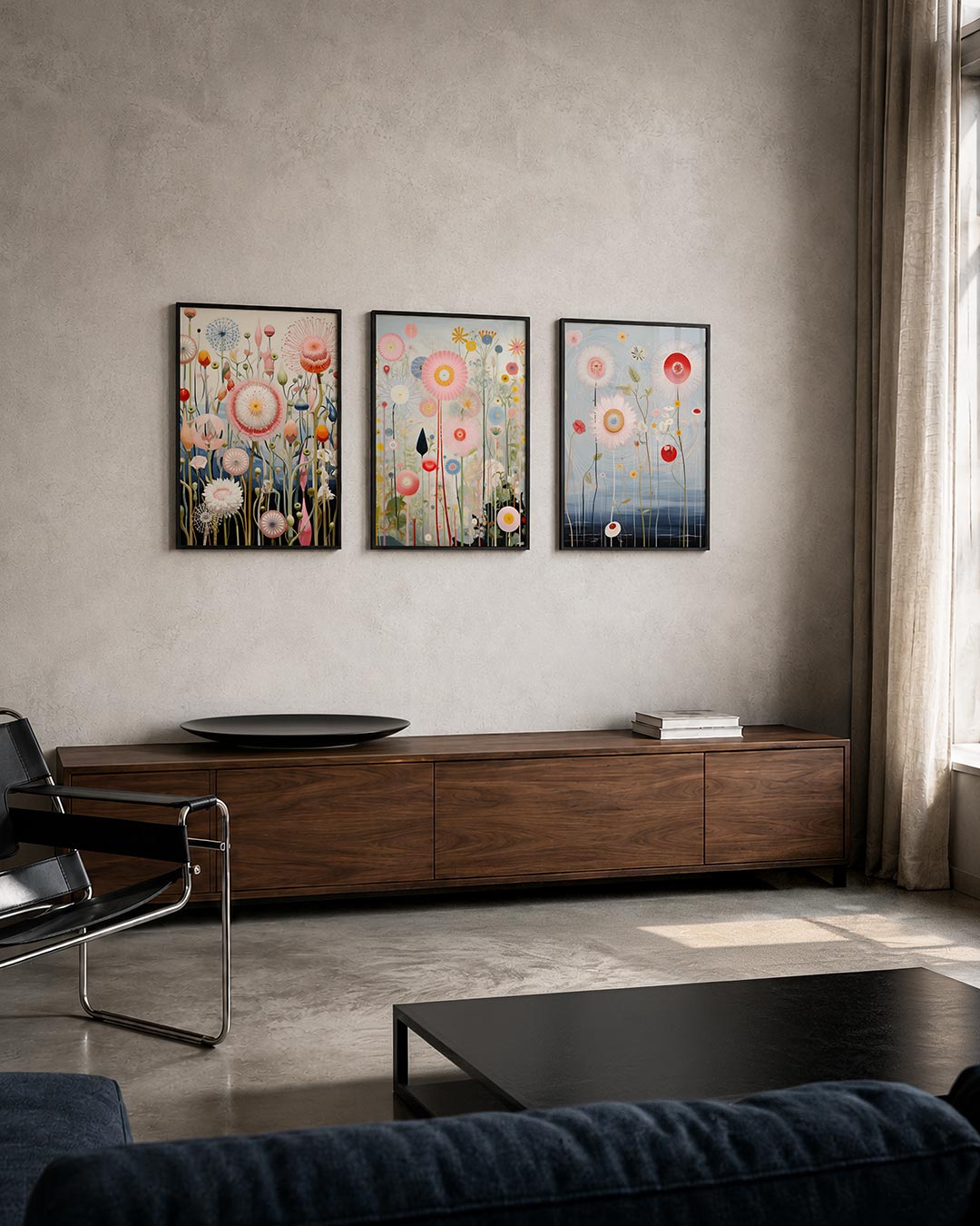 Bloemen en lijnen posterset – tweede productweergave – deze posterset in drie delen toont een verzameling van
