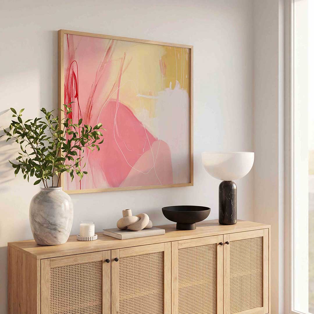 Abstracte roze en gele – kleurrijke poster in vierkant formaat