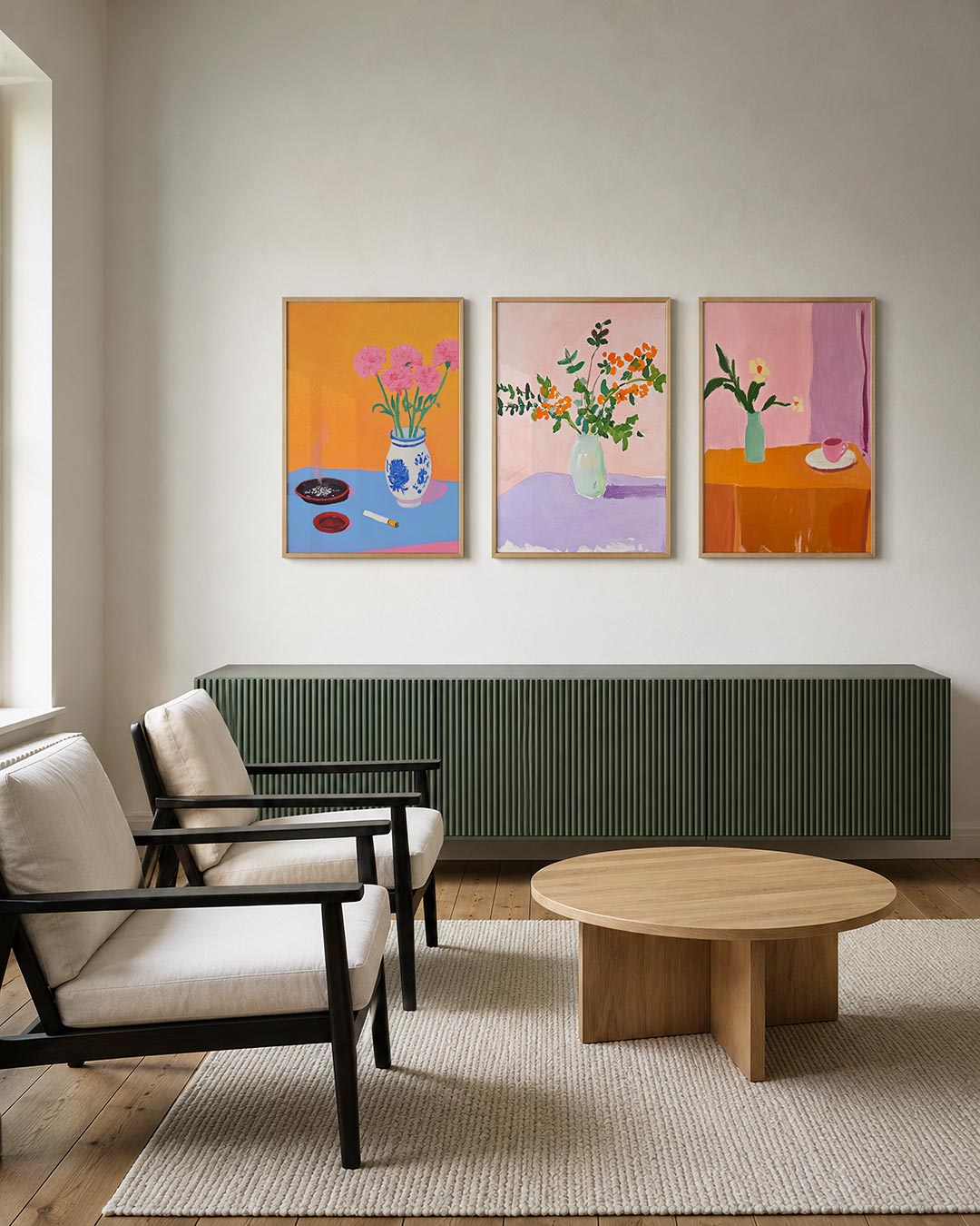Kleurrijke bloemenvormen posterset – tweede productweergave – deze posterset toont levendige roze bloemen in een vaas