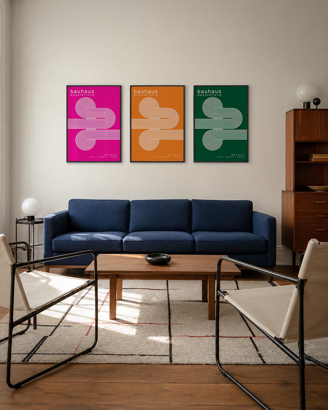 Lijnen en cirkelpatronen driedelige posterset – deze poster toont een levendig spel van witte lijnen en cirkelvormen op een