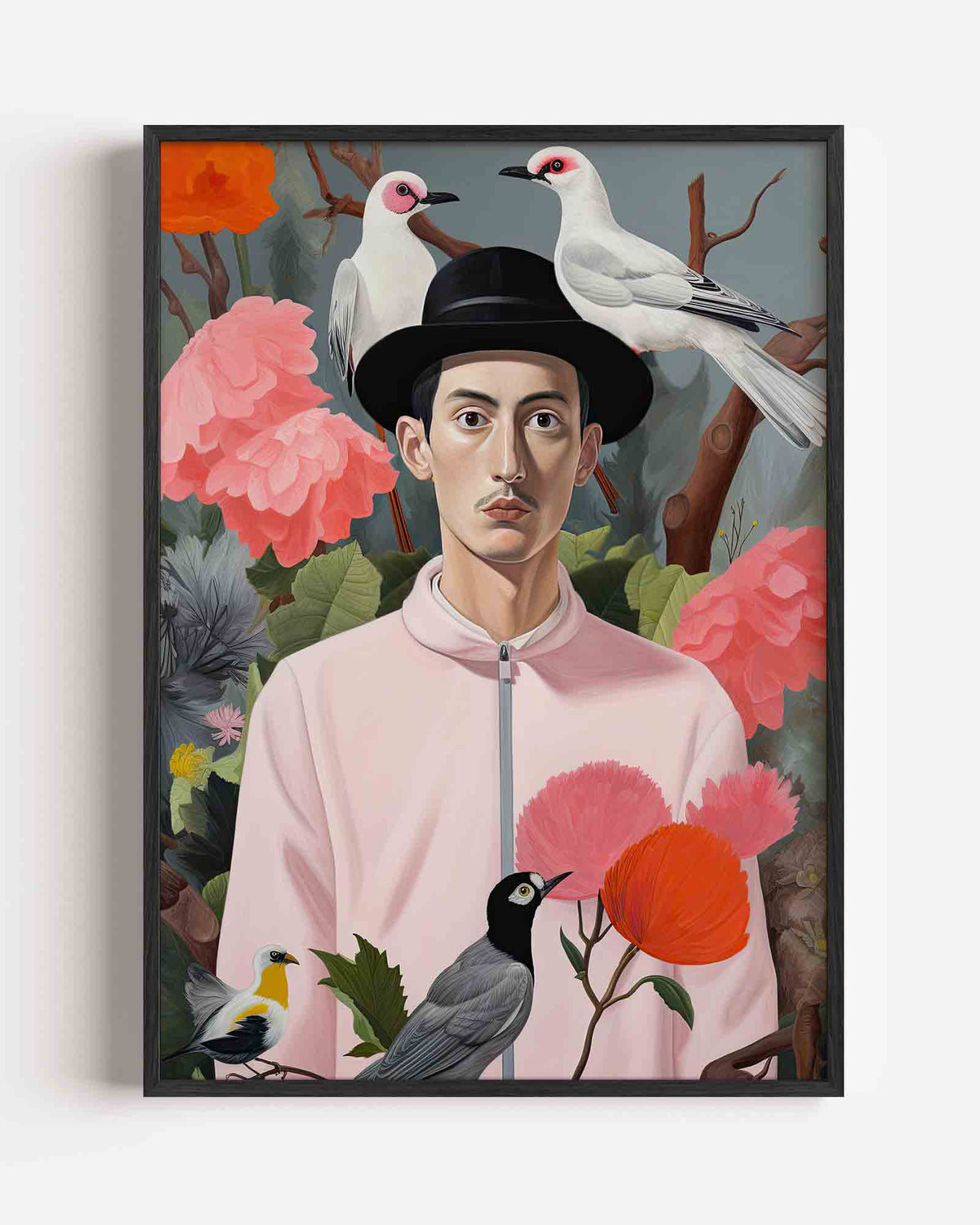 Man met vogels en bloemen – kleurrijke illustratie portret poster als wanddecoratie