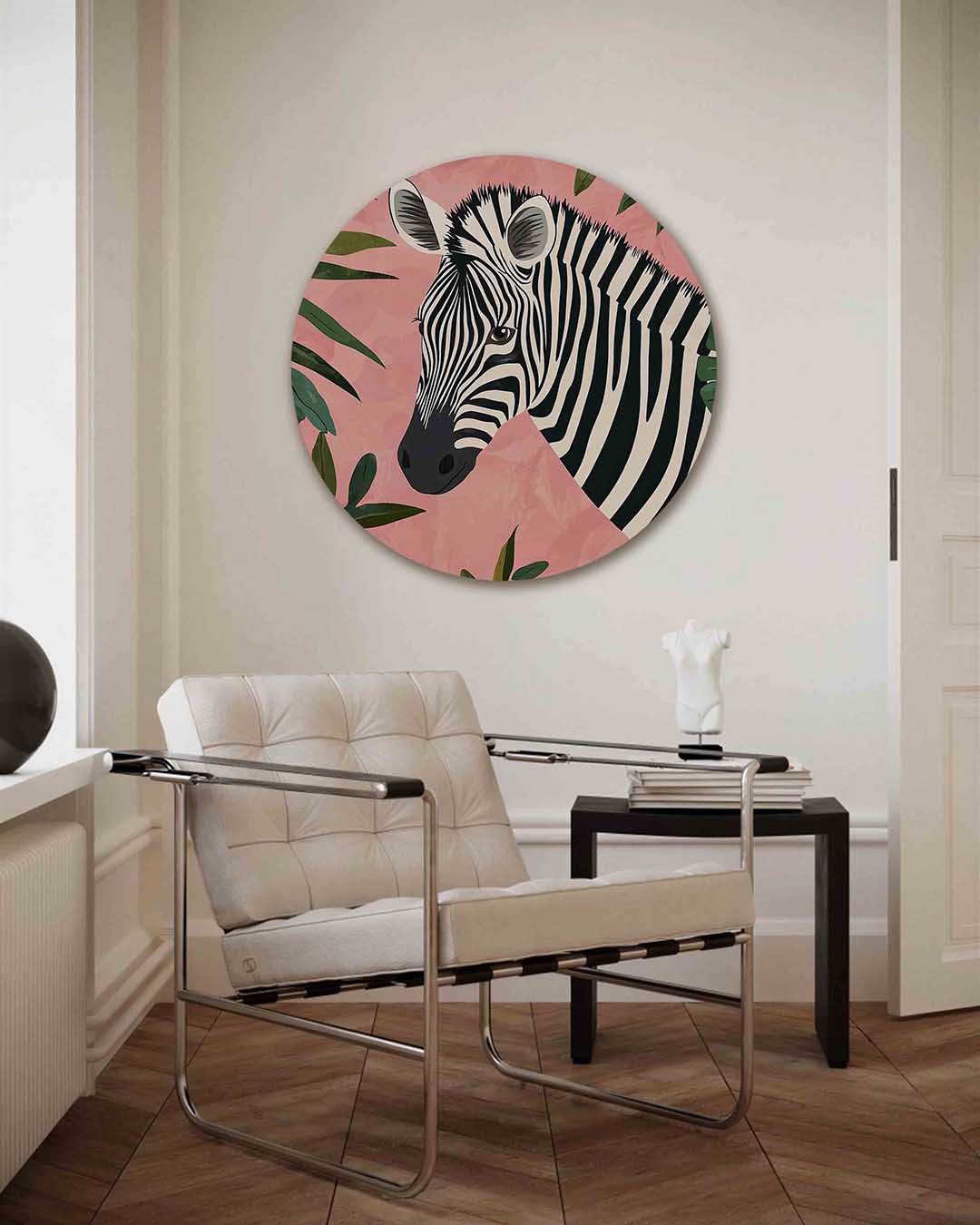 Zebra en bladeren – kleurrijke illustratie muurcirkel als wanddecoratie