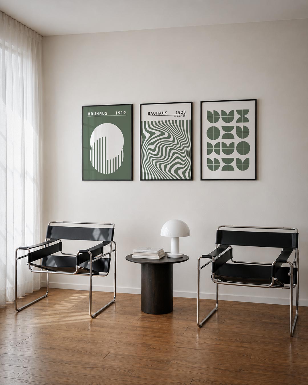 Cirkel en strepen posterset – tweede productweergave – deze posterset in drie delen toont een grote witte cirkel met