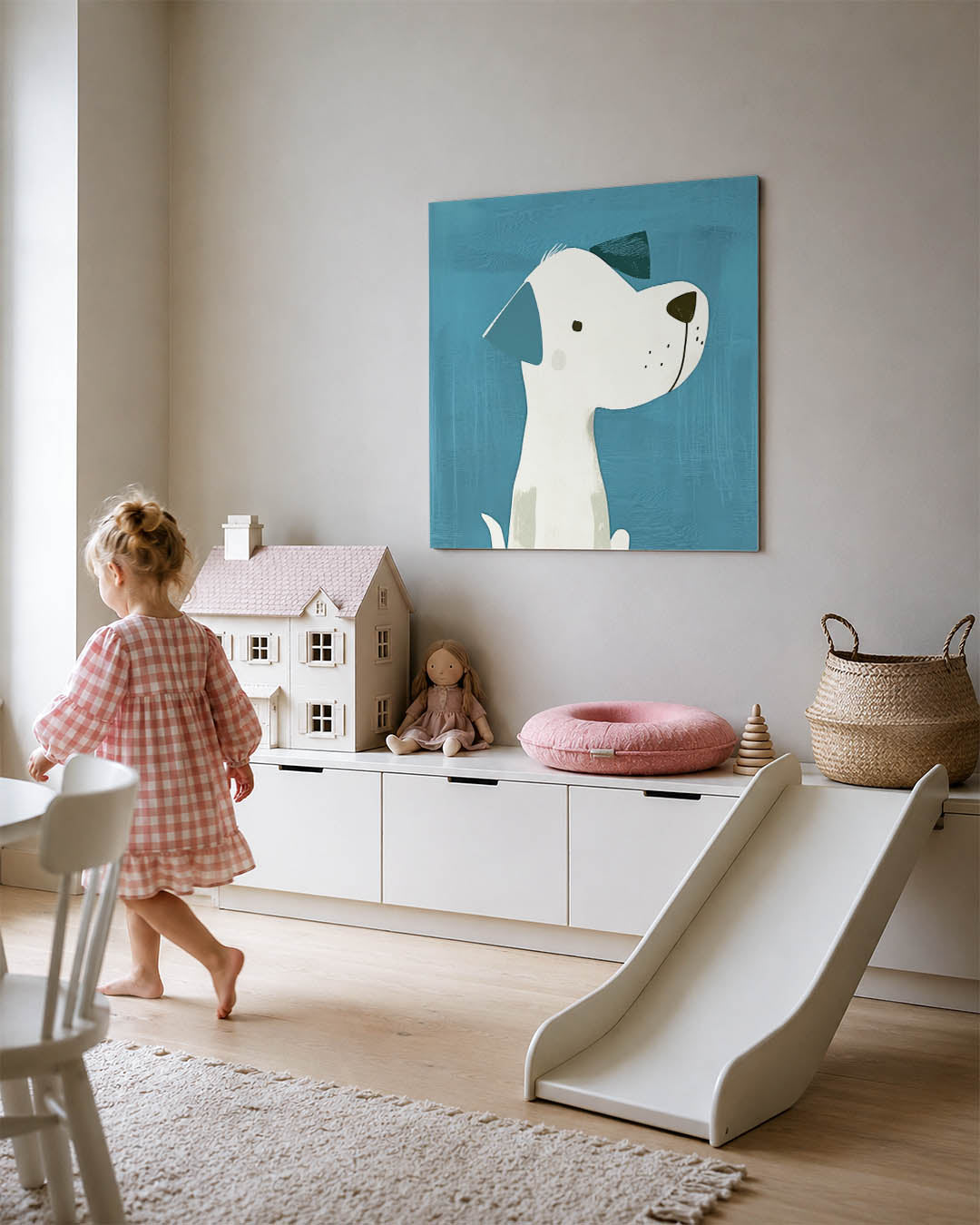 Speelse hond illustratie kunstwerk – tweede productweergave – dit werk toont een speelse hond met een blauwe achtergrond. De