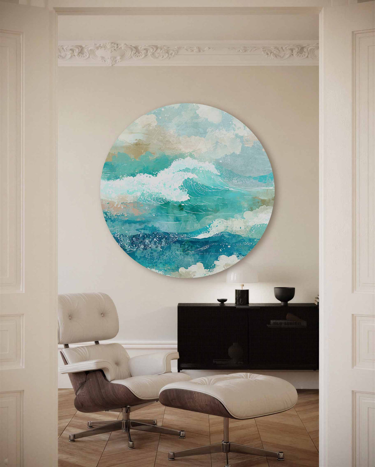 Golven en wolken – moderne abstracte muurcirkel voor aan de muur