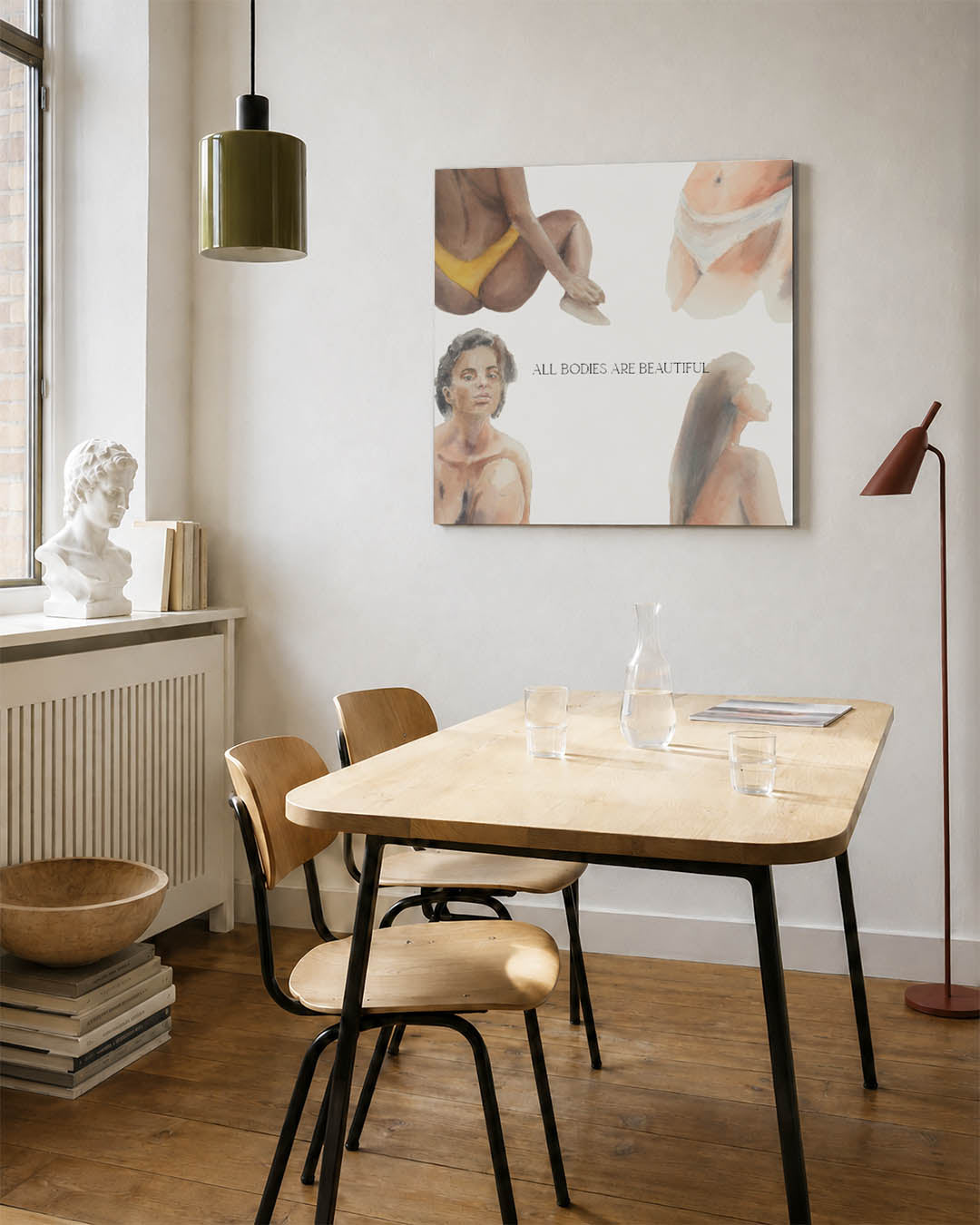 Menselijke vormen kunstwerk – vierkante wanddecoratie – dit werk toont diverse menselijke figuren in zachte tinten, met een