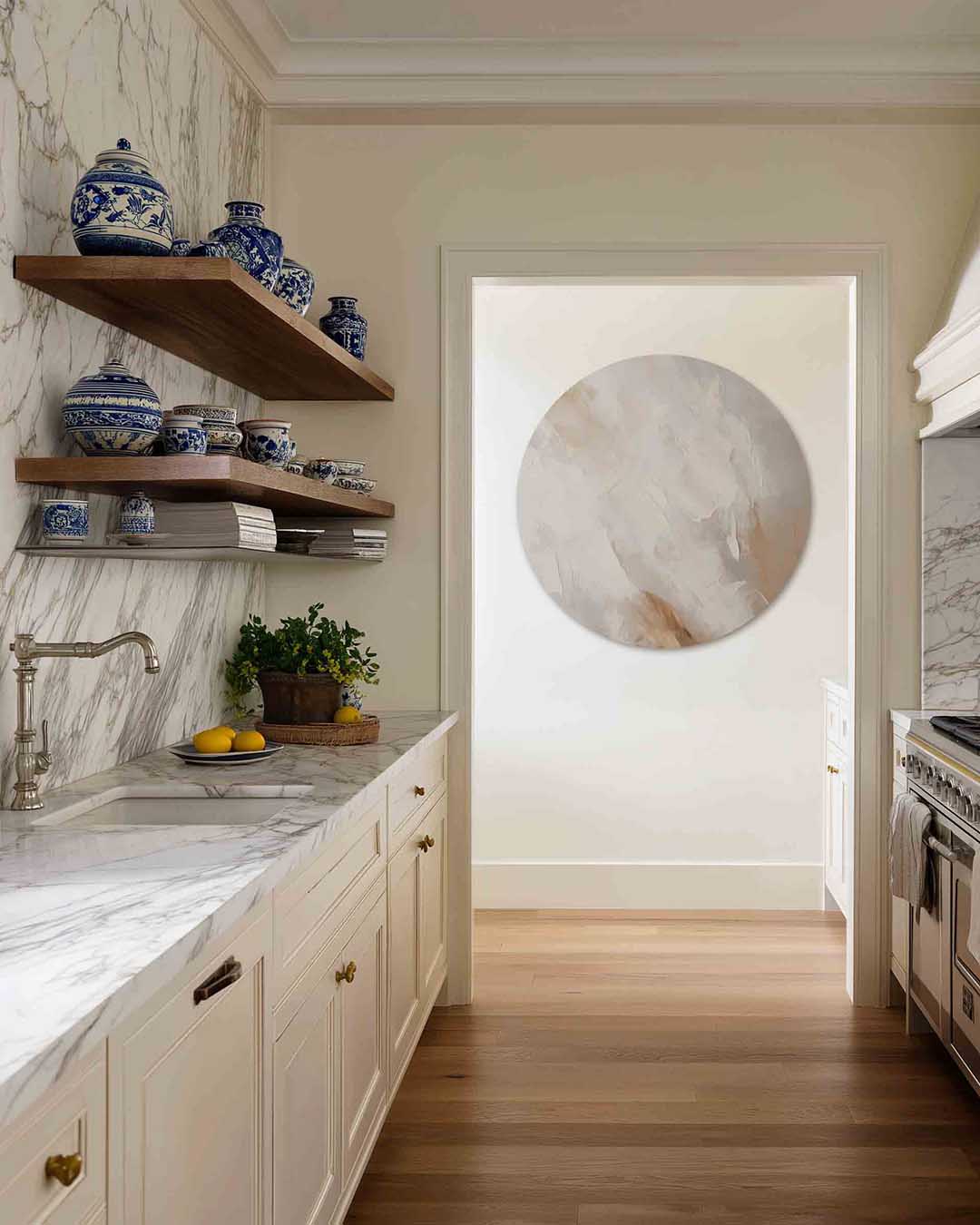 Abstracte beige – moderne abstracte muurcirkel voor aan de muur