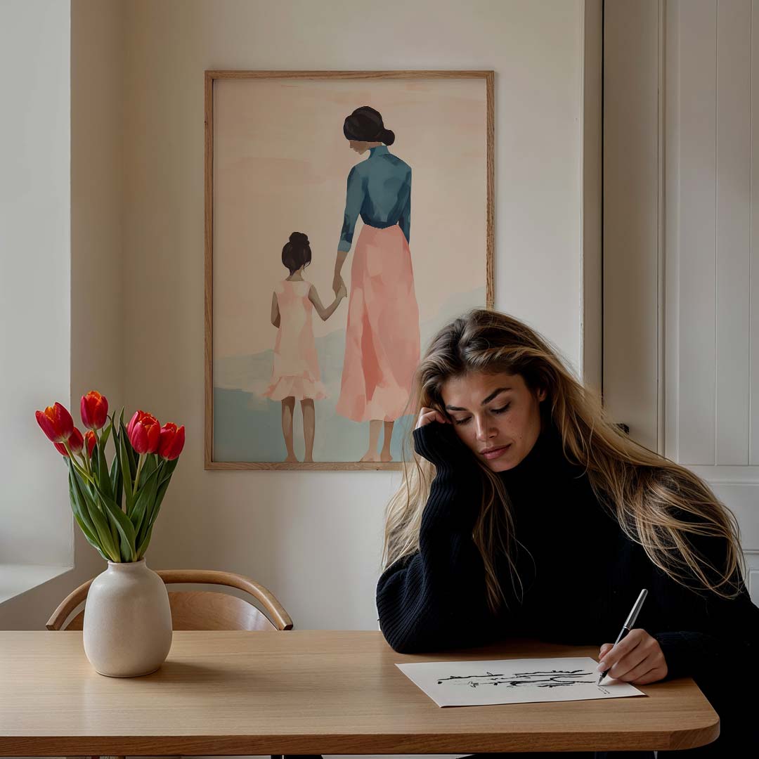 Moeder en Dochter Moment – staande vrouwelijke wanddecoratie van WallArtistic