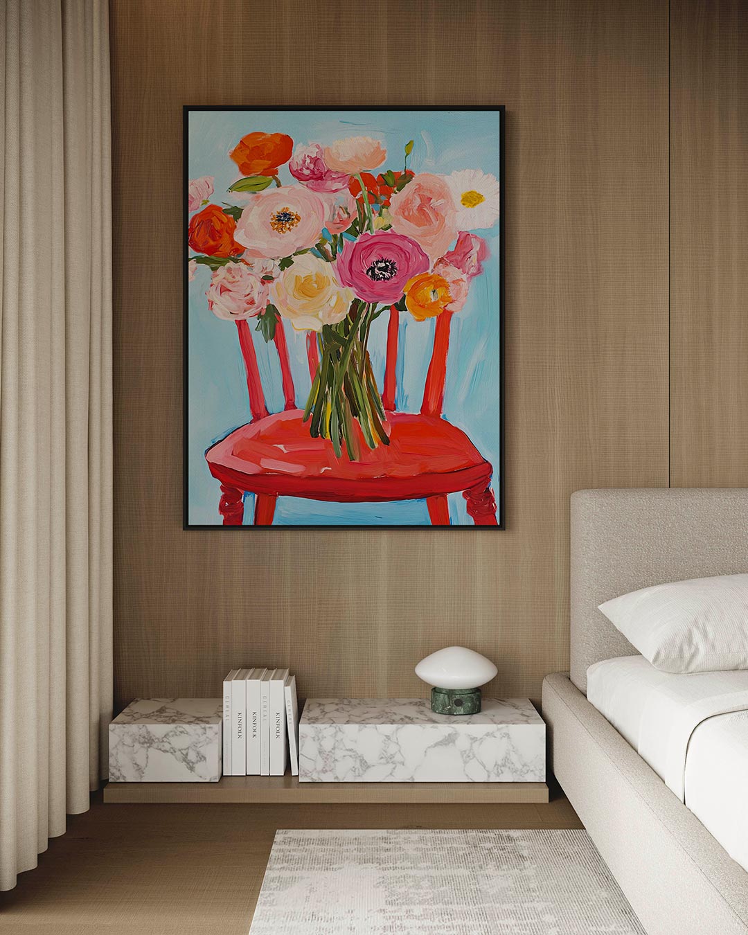 Bloemen op stoel – staand wanddecoratie kunstwerk