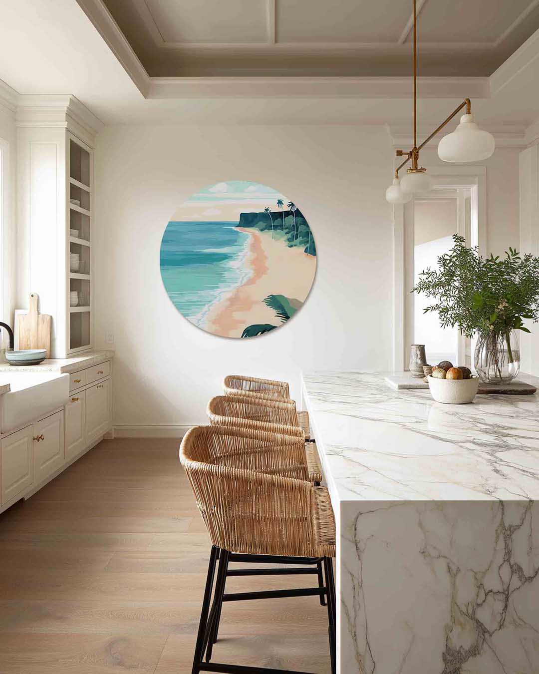Strand en palmbomen – abstracte muurcirkel als ronde wanddecoratie