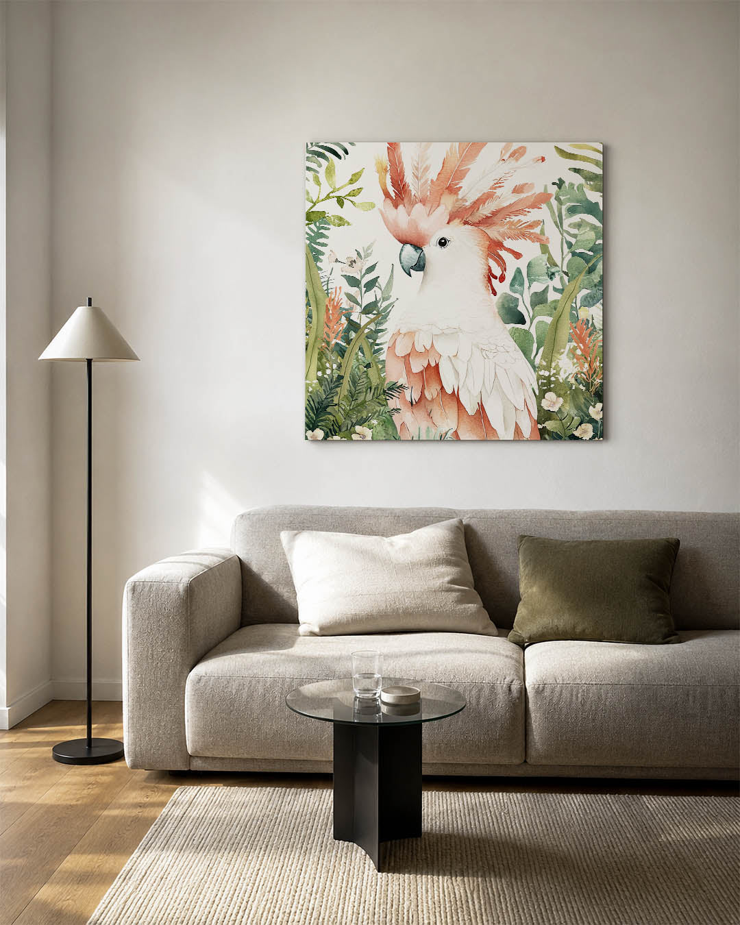 Vrolijke papegaai kunstwerk – detailweergave – dit kunstwerk toont een kleurrijke papegaai omringd door weelderige bladeren