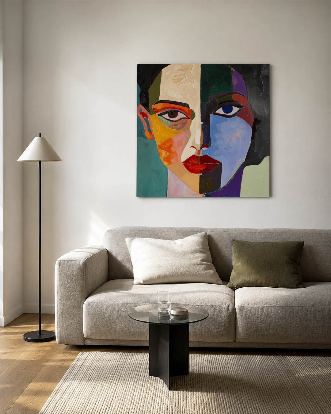 Geometrisch portret kunstwerk – vierkante wanddecoratie – dit werk toont een gezicht in geometrische vormen met