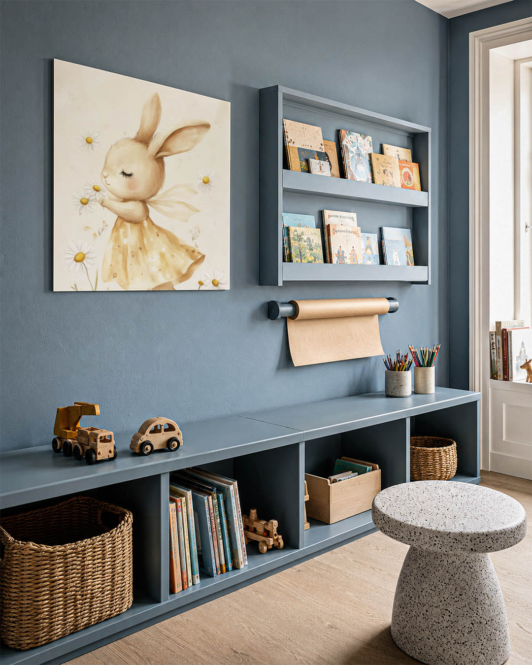 Dromerig konijn kunstwerk – detailweergave – een schattig konijn in een beige jurk omringd door witte bloemen. De zachte