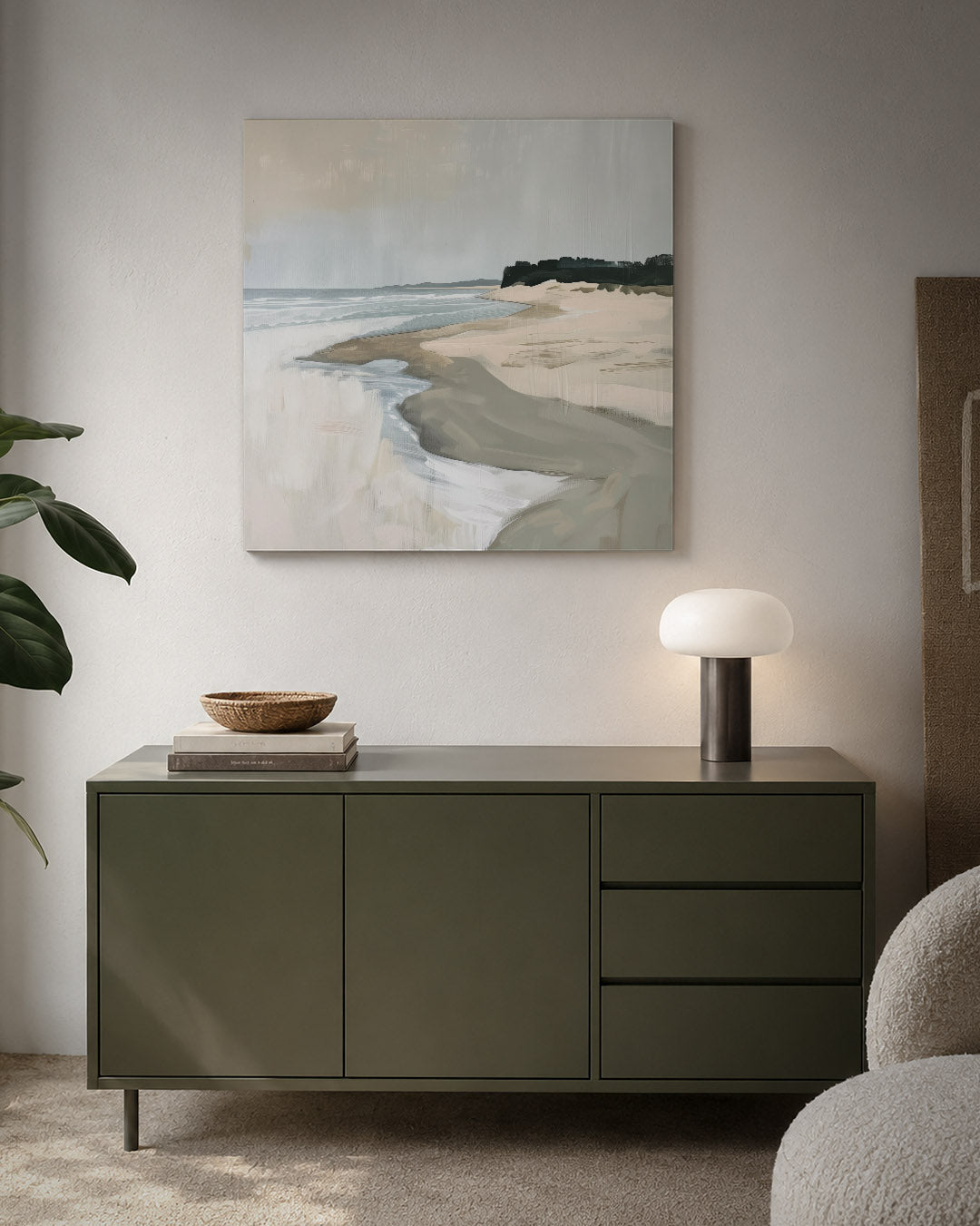 Rustige kustlijn kunstwerk – detailweergave – dit werk toont een serene kustlijn met zachte overgangen tussen zand en zee. De