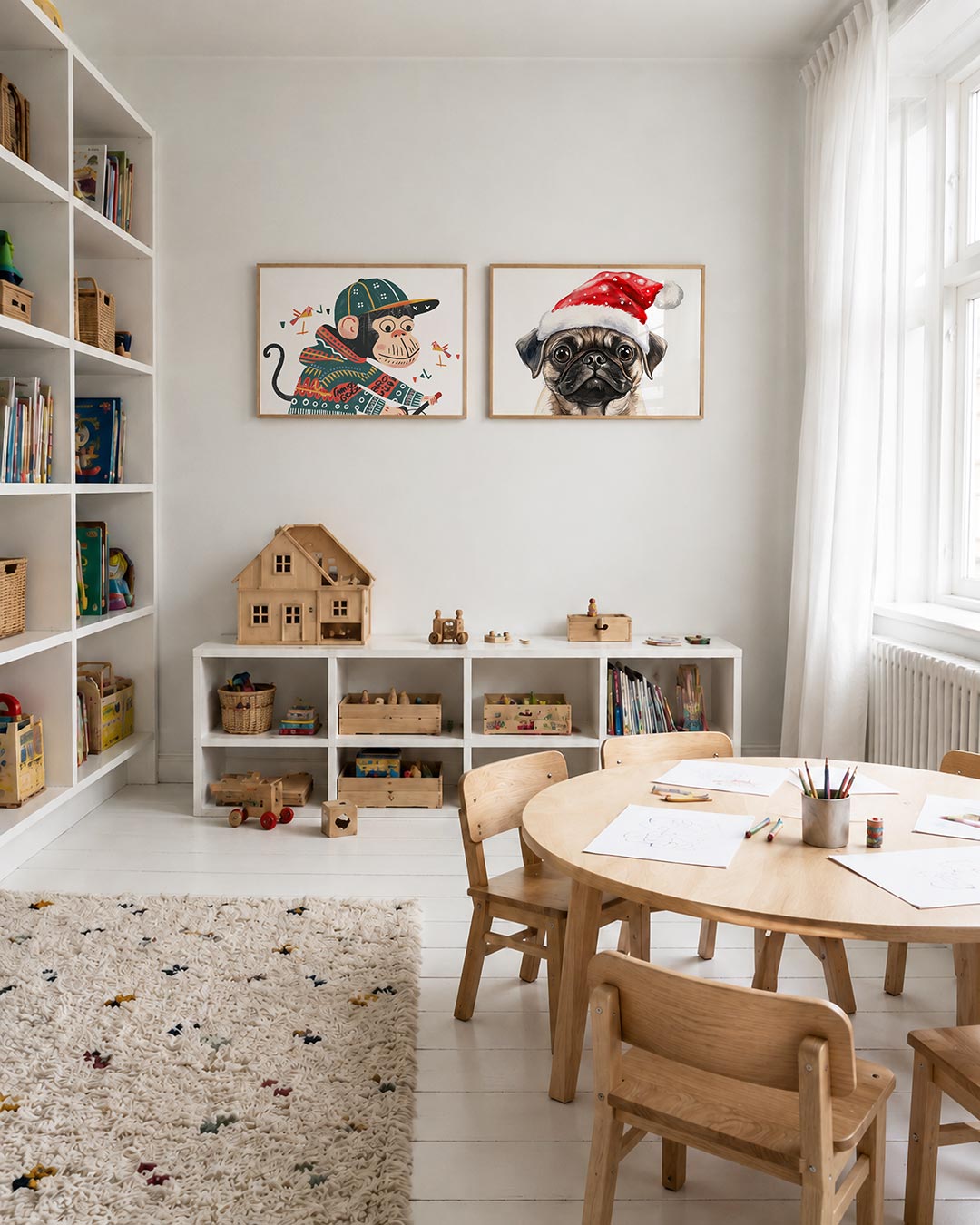 Twee liggende posters met een speelse aap met een pet en kleurrijke trui, aan de muur in een interieur