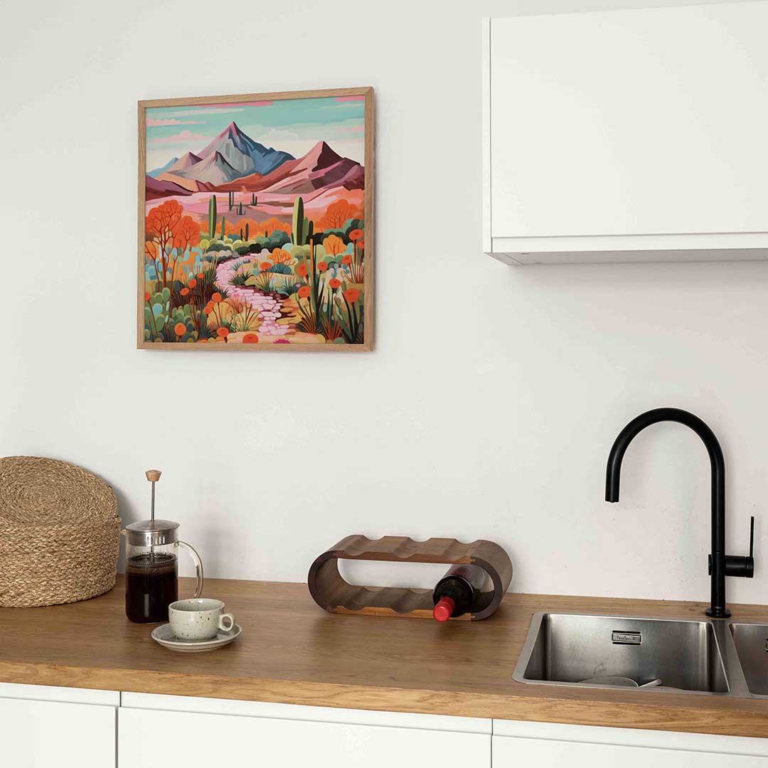 Berglandschap met cactussen – keukenposter in vierkant formaat