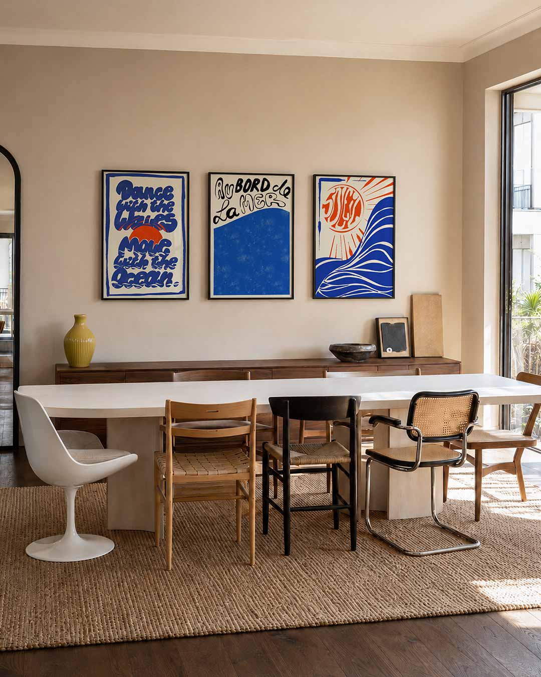 Golvend lijnenspel posterset – derde productweergave – deze posterset in drie delen toont vloeiende blauwe letters