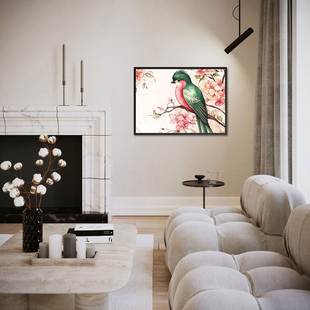 Vogel en bloemen – liggende wanddecoratie