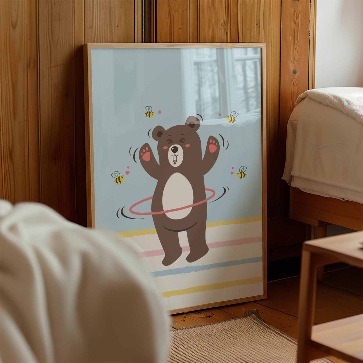 Vrolijke Hula Hoepende Beer – kinderposter in staand formaat