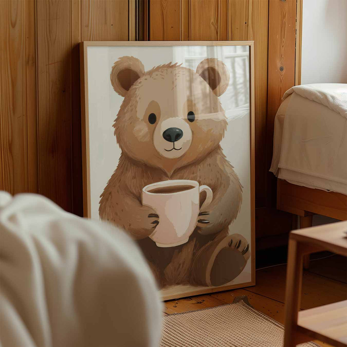 Knuffelige Bereposter Met Mok – kinderposter in staand formaat