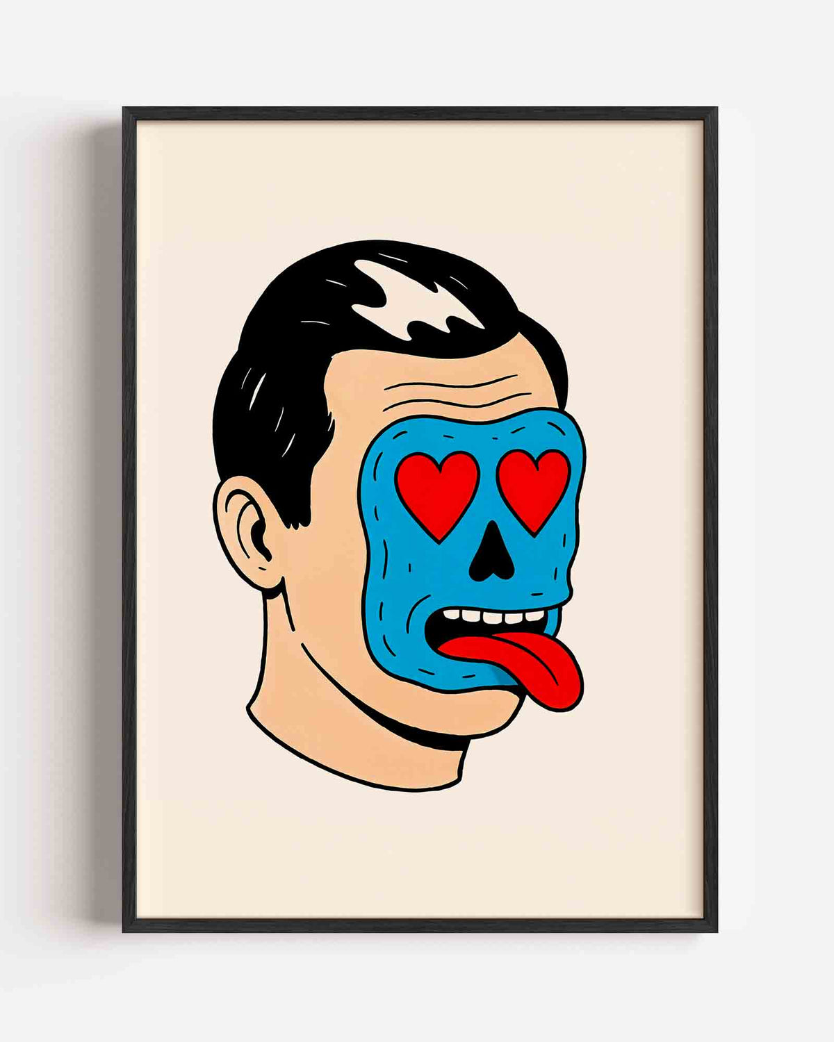 Blauw gezicht met rode harten – Pop Art en Streetart portret poster als wanddecoratie