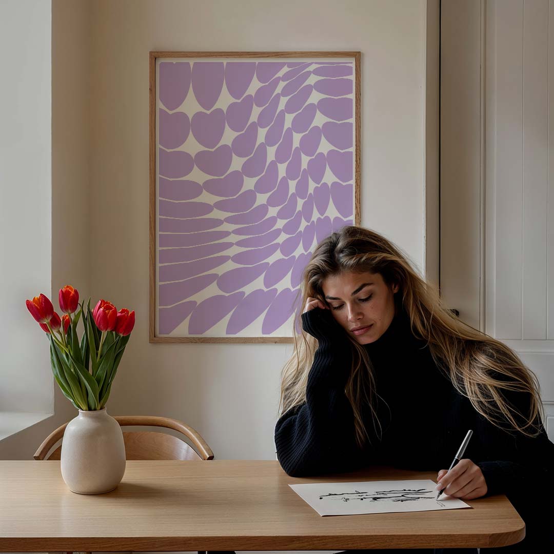 Vrolijke Paarse Harten – staande muurposter voor een modern interieur