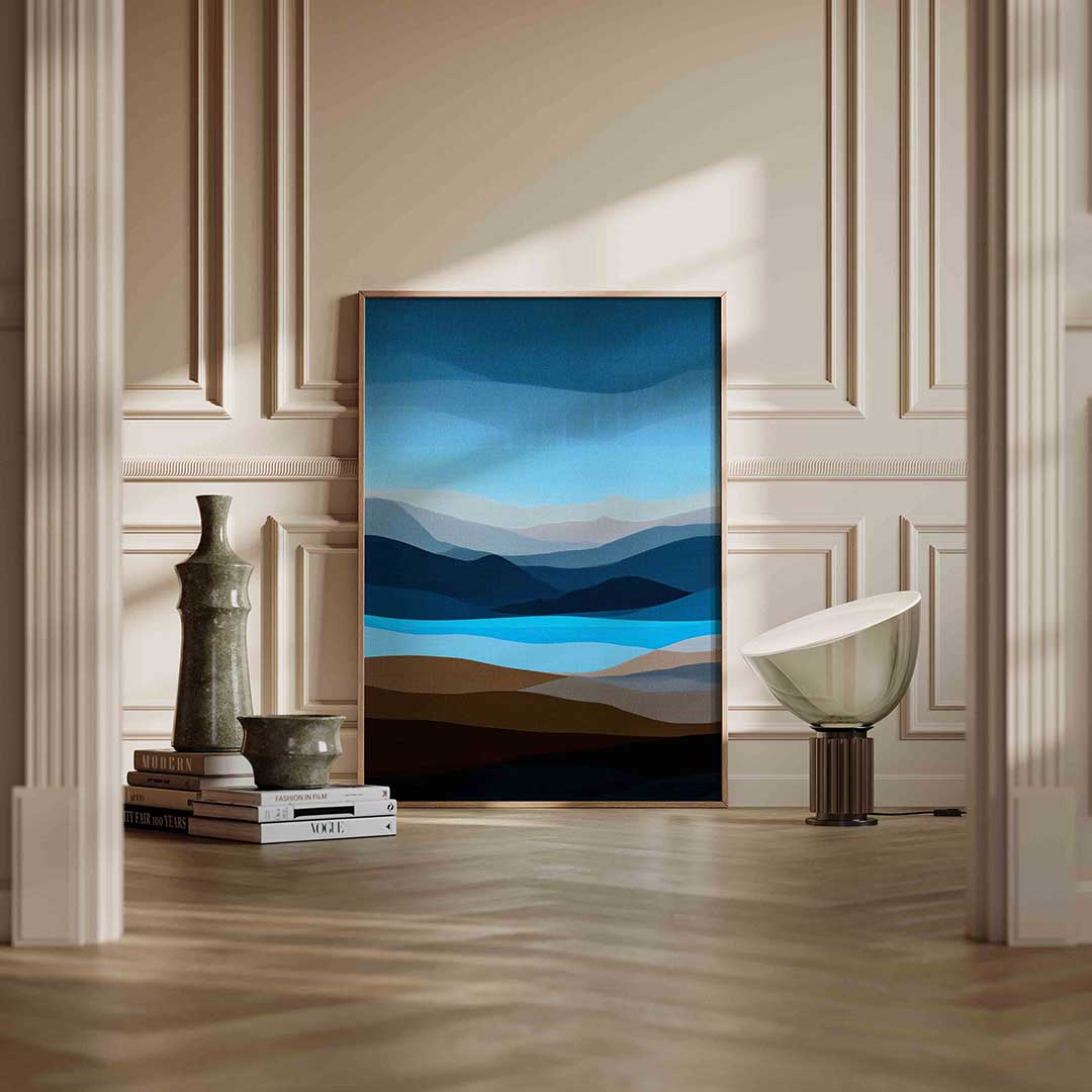 Landschap met blauwe tinten – staande abstracte wanddecoratie van WallArtistic