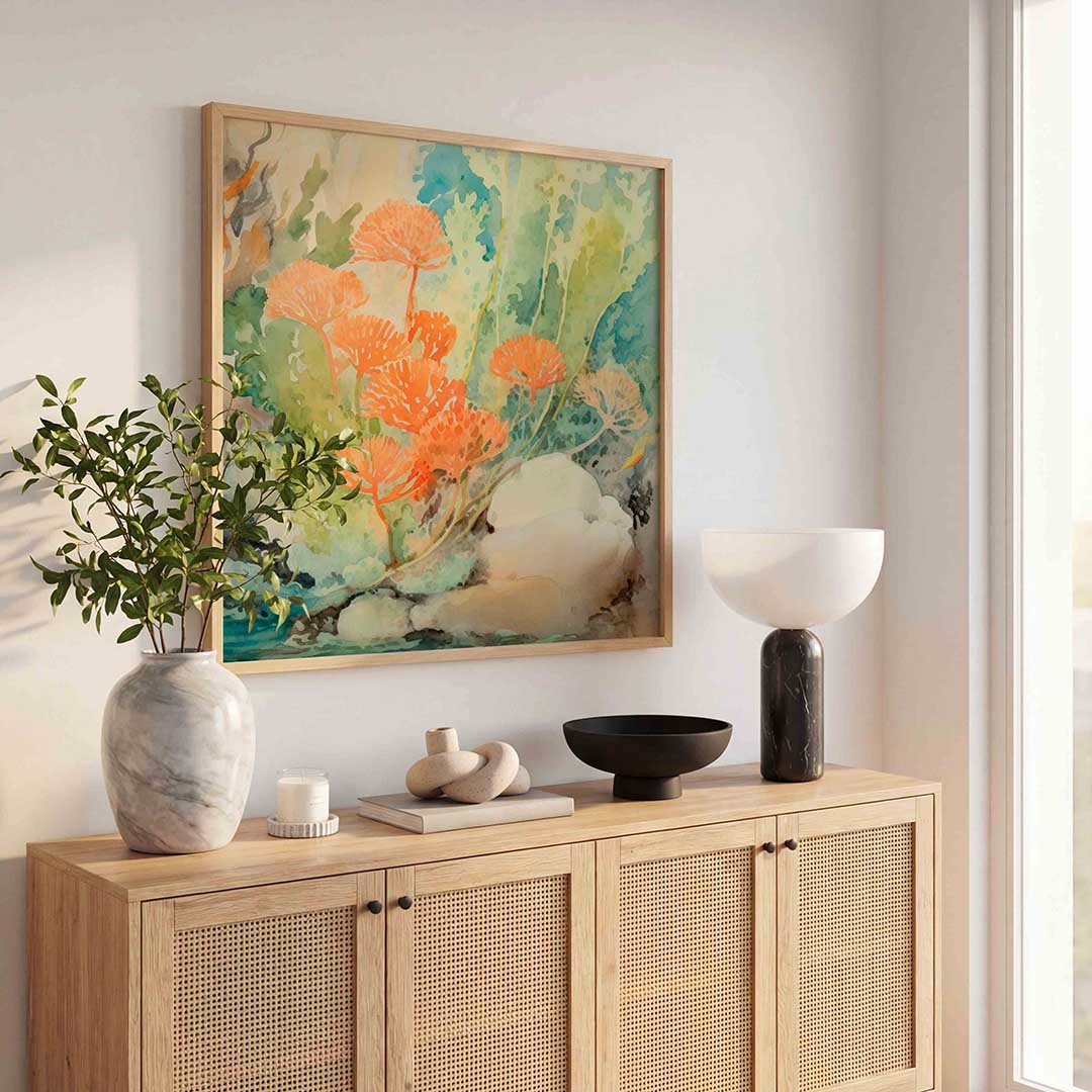 Oranje bloemen en groene bladeren – illustratie poster in vierkant formaat
