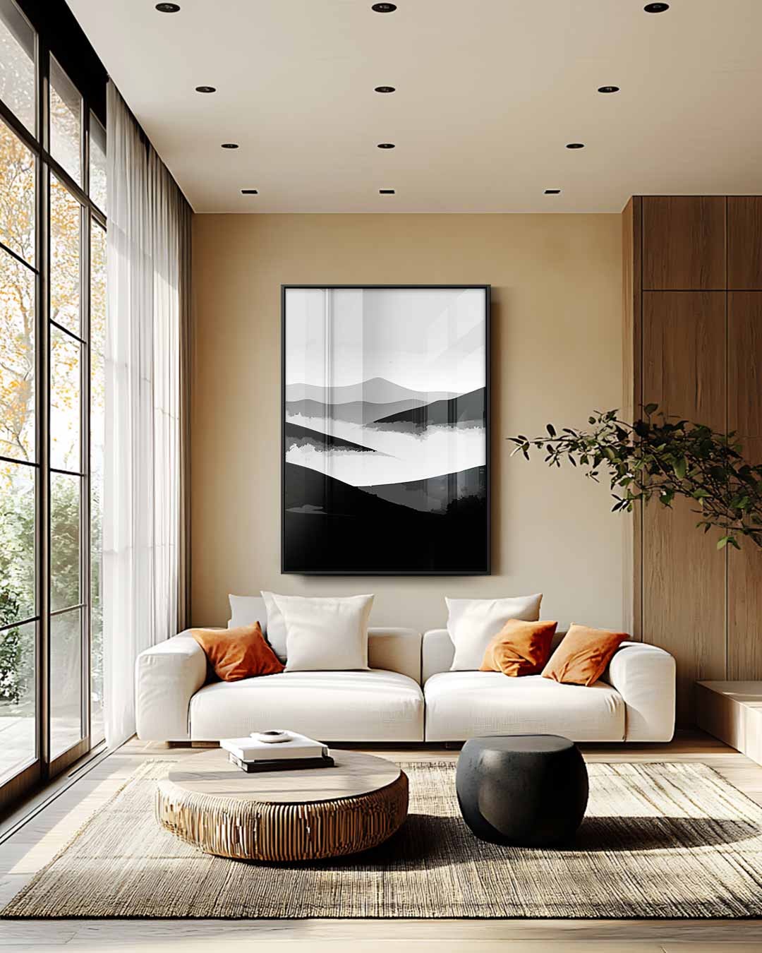 Dromerige Berglandschap in Zwart-Wit – staande wandkunst voor woonkamer of interieur
