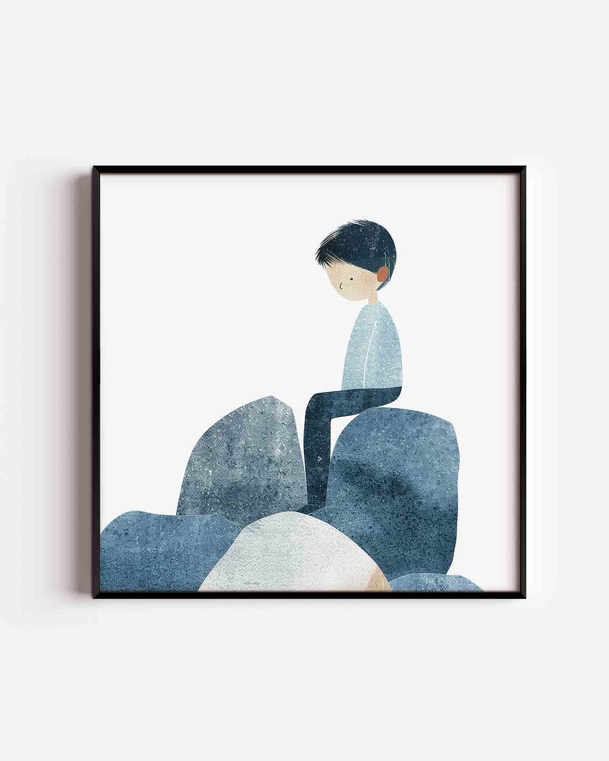 Zittende figuur op stenen – vierkante kinderposter als wanddecoratie