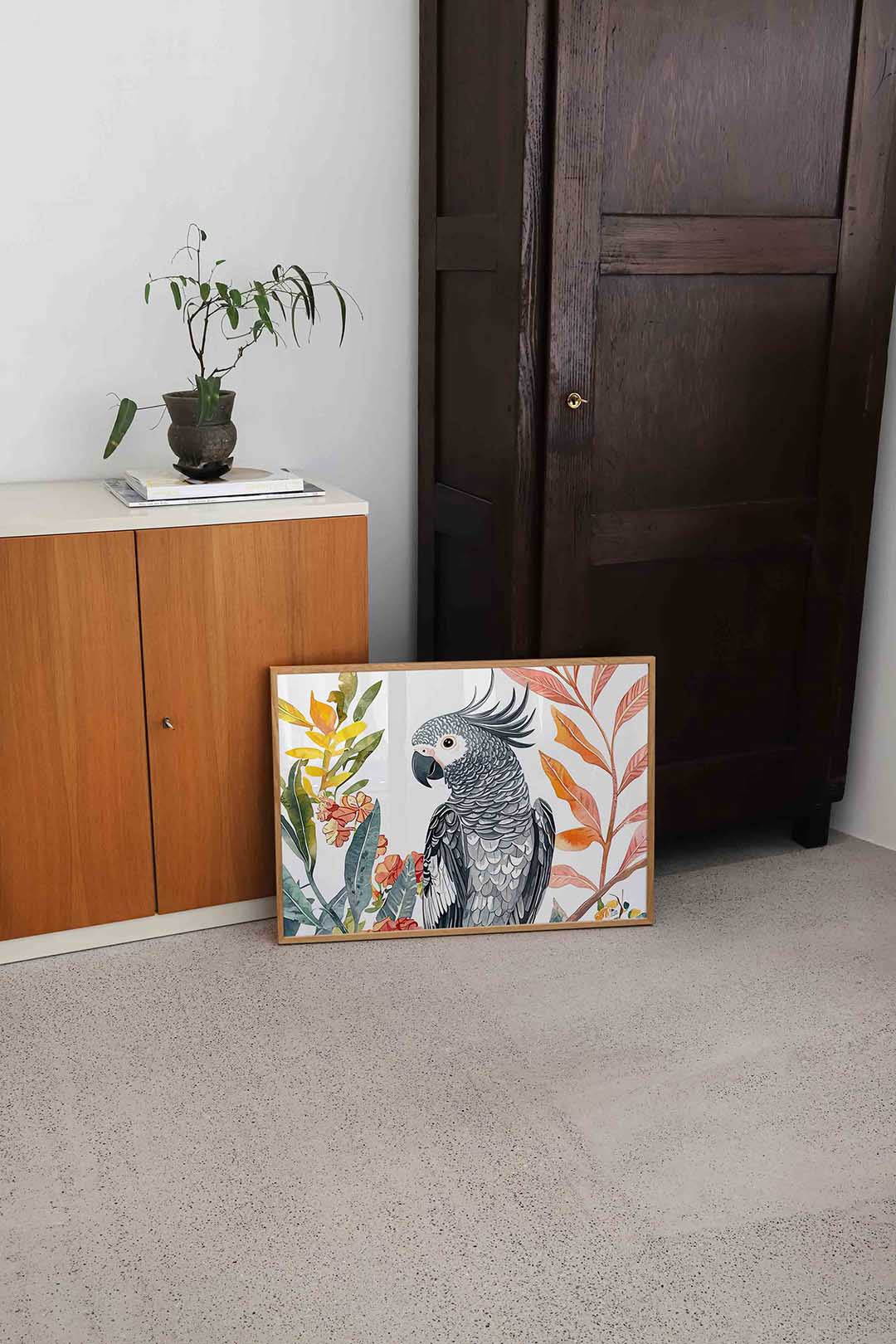 Papegaai en bladeren – dierenillustratie als landscape poster