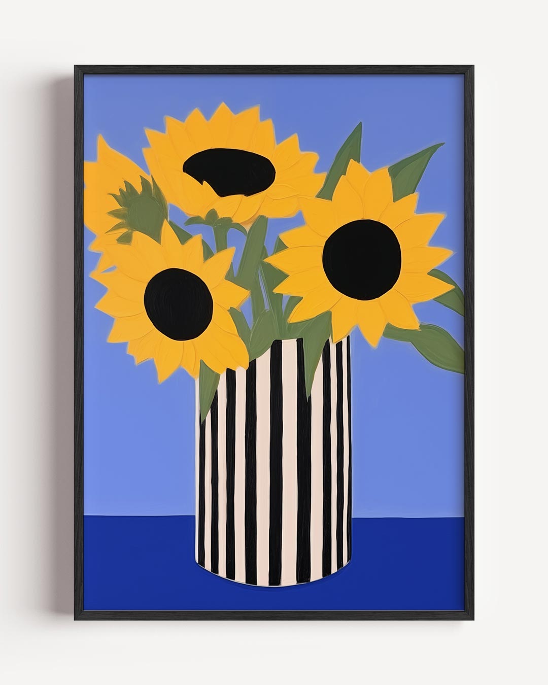 Stralende Zonnebloemen in Gestreepte Vaas – zomer portret poster als wanddecoratie