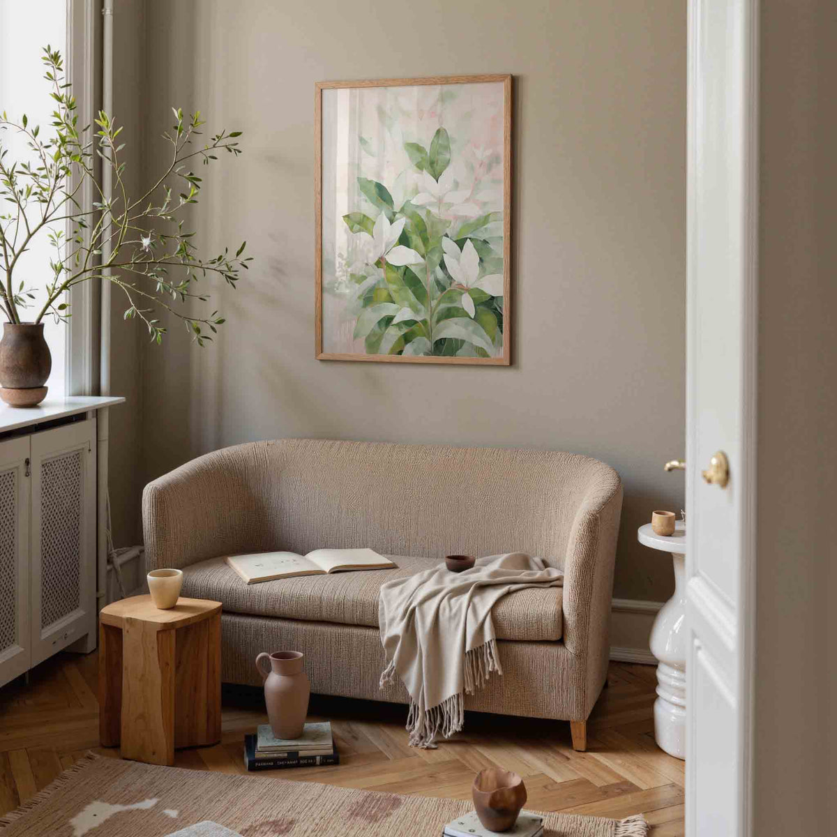 Witte bloemen en groene bladeren – botanische poster in staand formaat