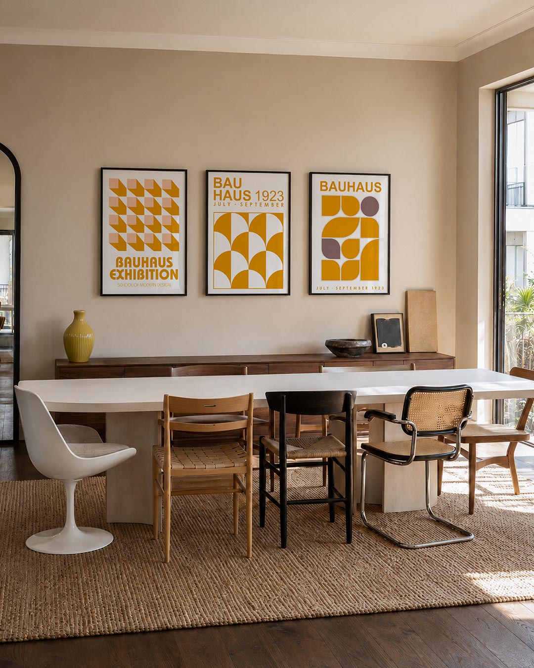 Vormen en schaduwen driedelige posterset – deze posterset in drie delen toont een ritmisch patroon van oranje en perzik