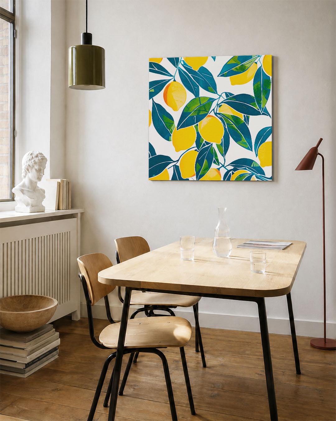 Citrus en bladeren kunstwerk – vierkante wanddecoratie – dit werk toont levendige gele citroenen en groene bladeren op een
