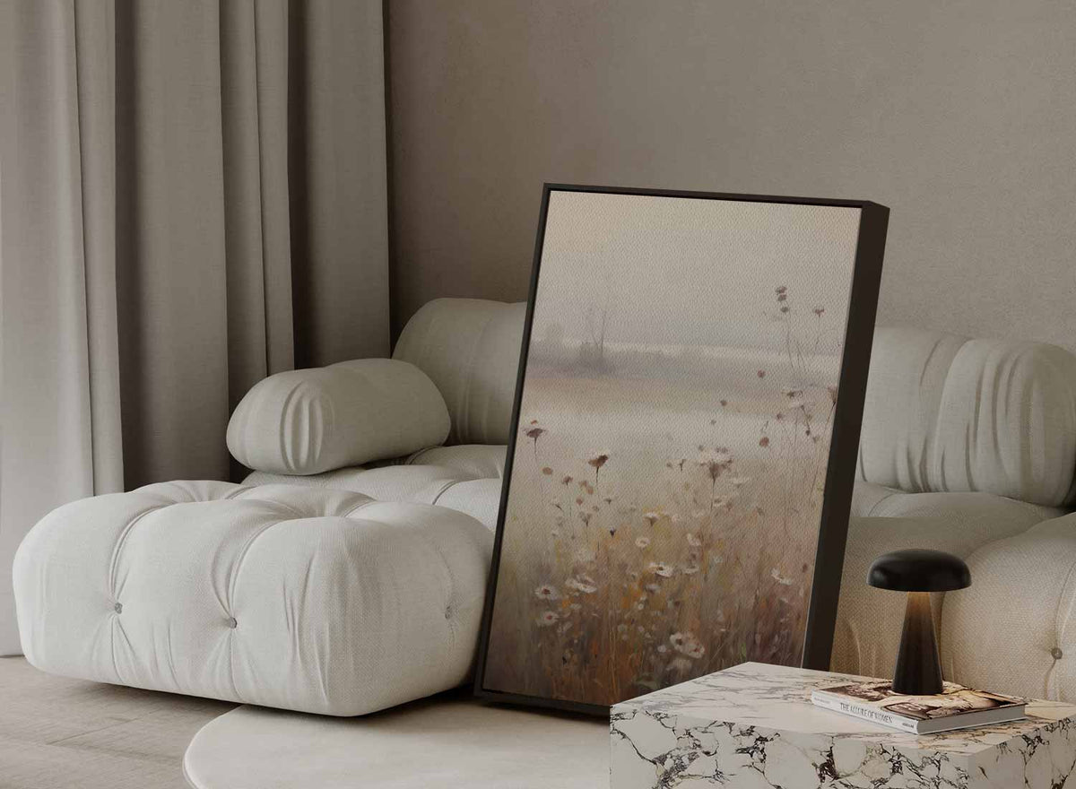 Mistige Bloemenweelde in de Ochtend – staande wandkunst voor woonkamer of interieur