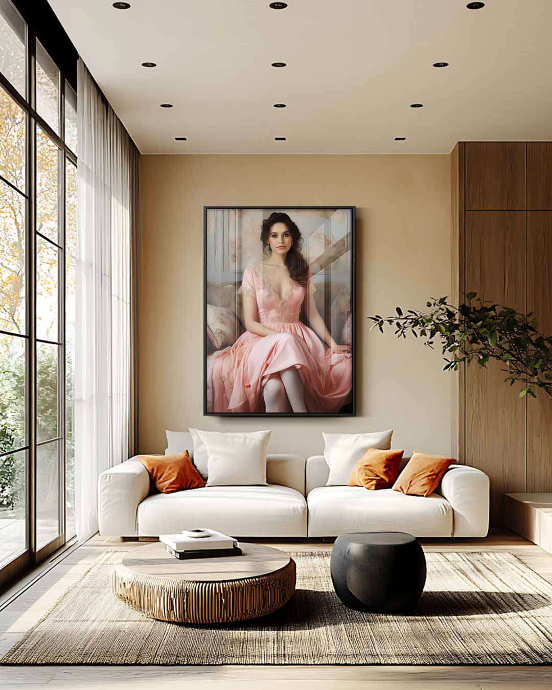 Dromerige Dame in Roze Jurk – staand kunstwerk voor modern interieur