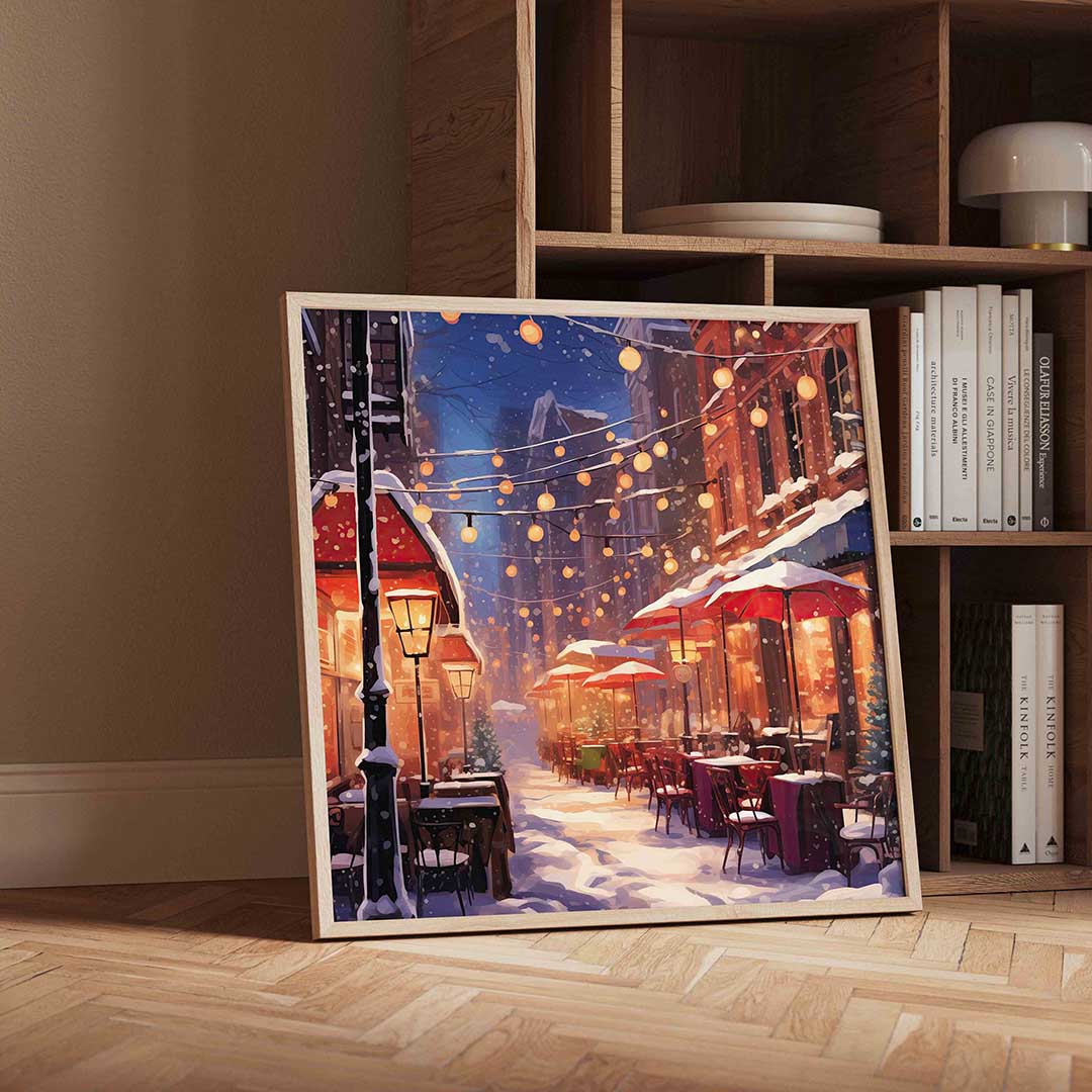 Sneeuwstraat met lichten – vierkante kerst wanddecoratie van WallArtistic