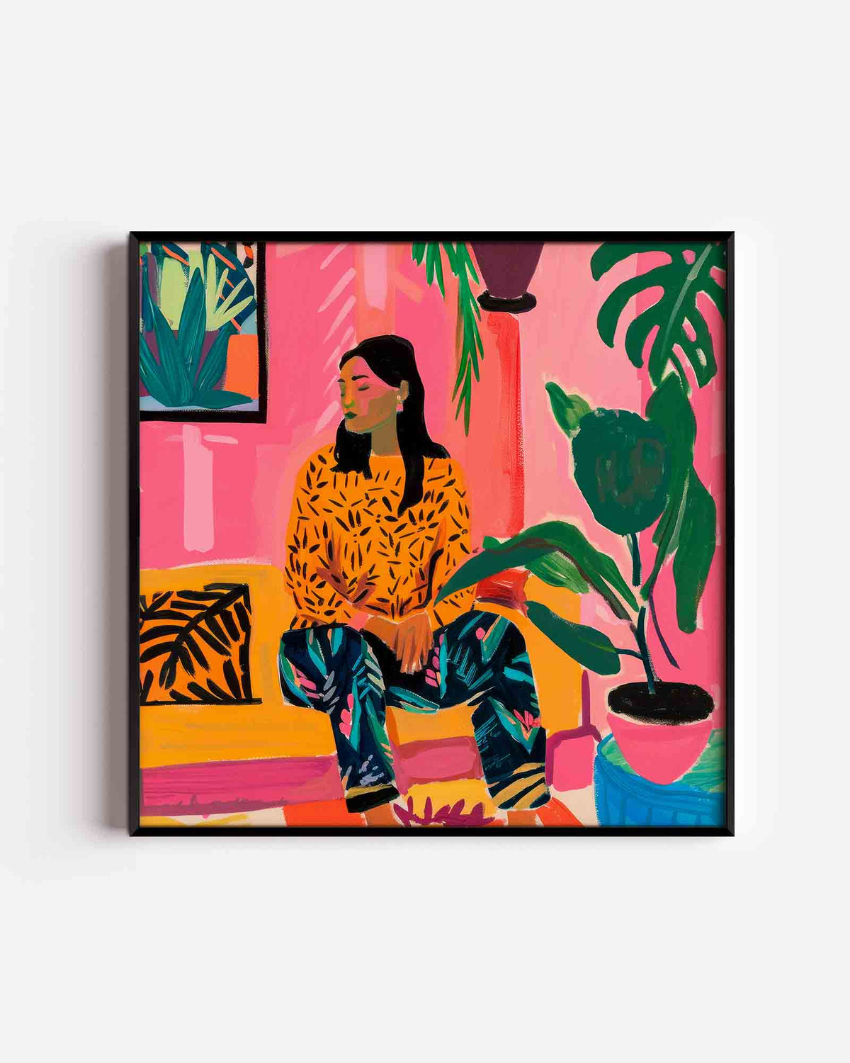 Vrouw op bank – kleurrijke illustratie poster als wanddecoratie