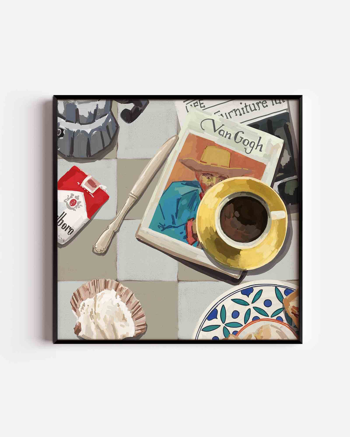 Stilleven met koffie en boek – keuken vierkante poster als wanddecoratie