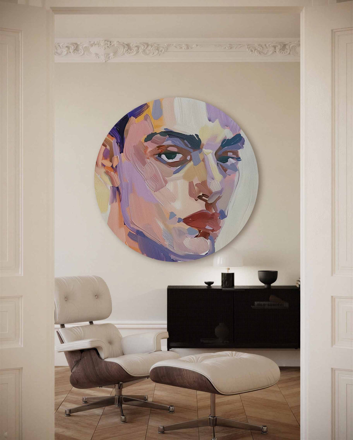 Portret in levendige kleuren – muurcirkel met kleur en vormen voor aan de muur